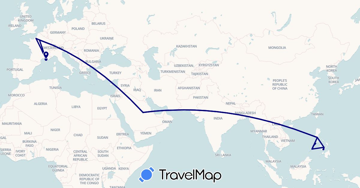 TravelMap itinerary: driving in France, Philippines, Saudi Arabia (Asia, Europe)